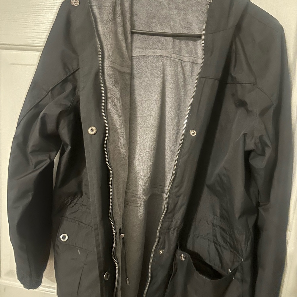 Black and Silver Water-Resistant Hooded Raincoat